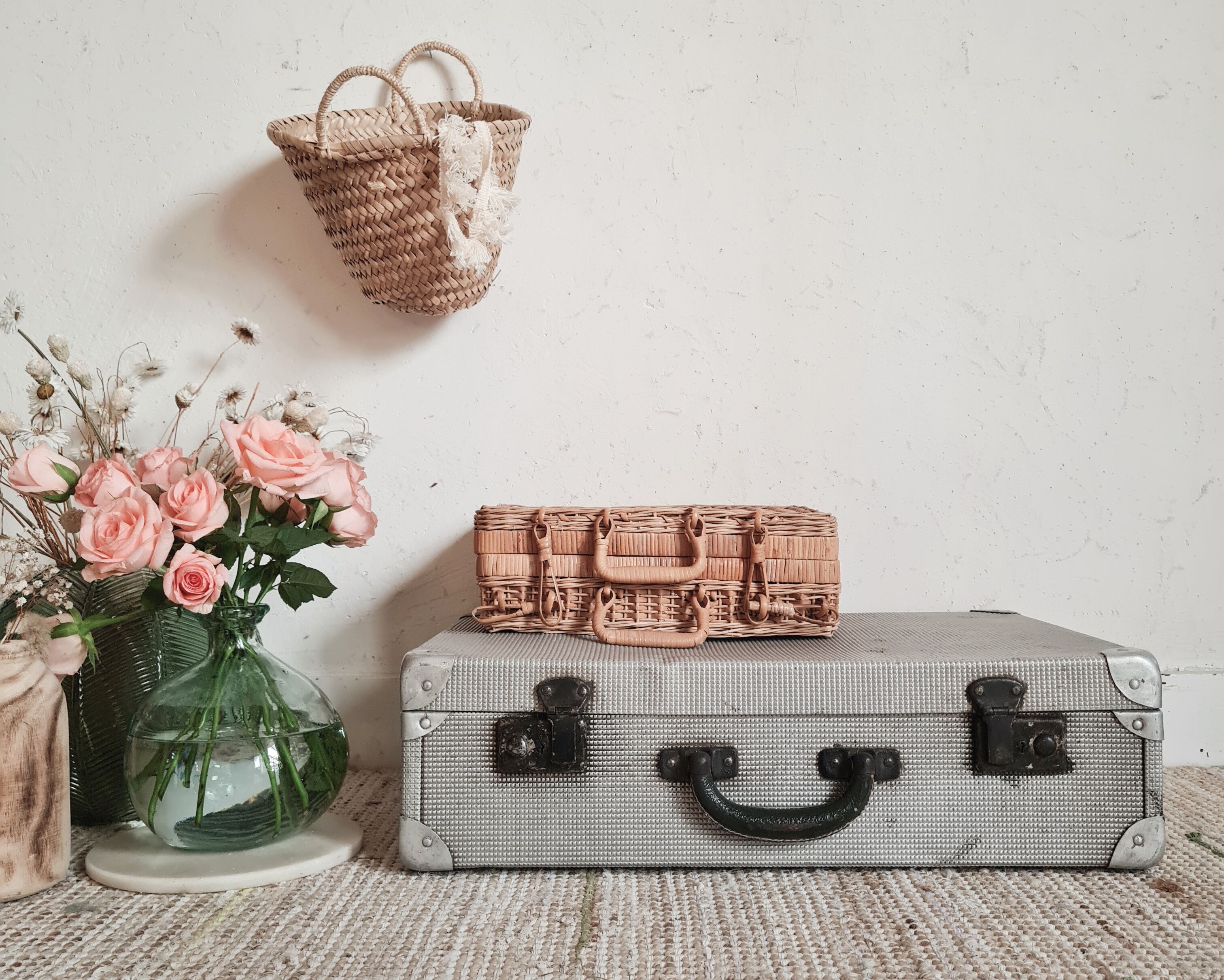 Old metal suitcase green leather handle