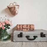 Old metal suitcase green leather handle