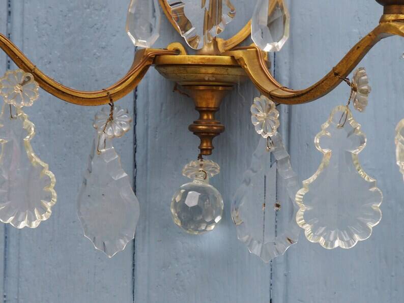 Gilt Bronze French Antique wall Sconces: Crystal Drops, Twin Arms, C1940s