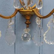 Gilt Bronze French Antique wall Sconces: Crystal Drops, Twin Arms, C1940s