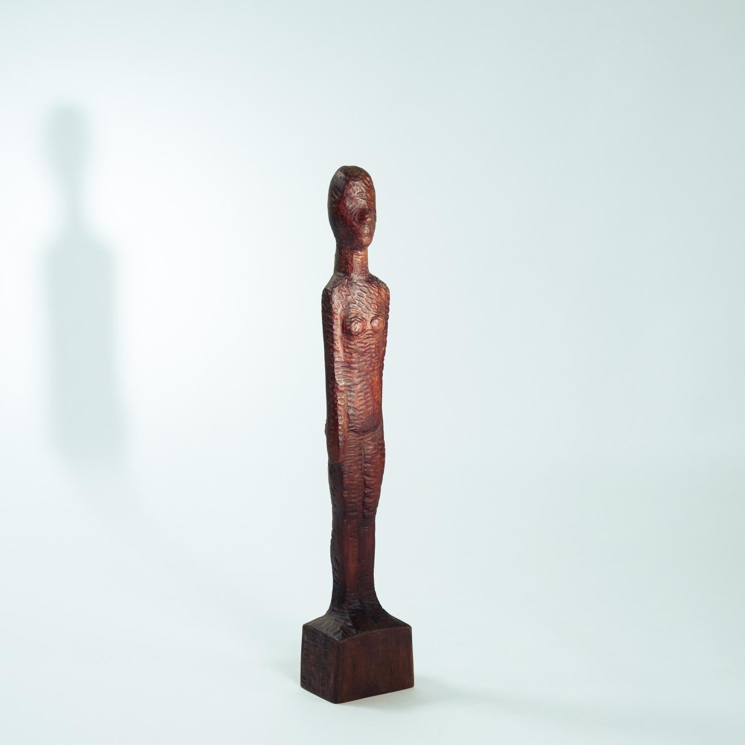 Dutch Brutalist carved wood sculpture of woman's figure, height 95cm, 1970s