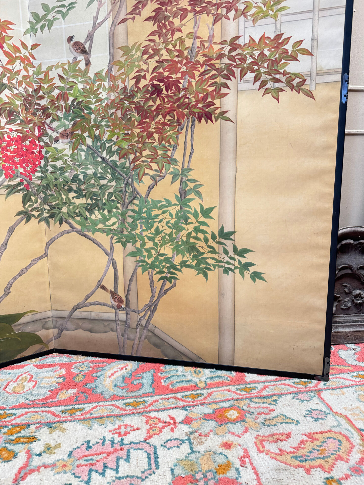 Two-panel screen with a decoration of plants and birds, Japan.
