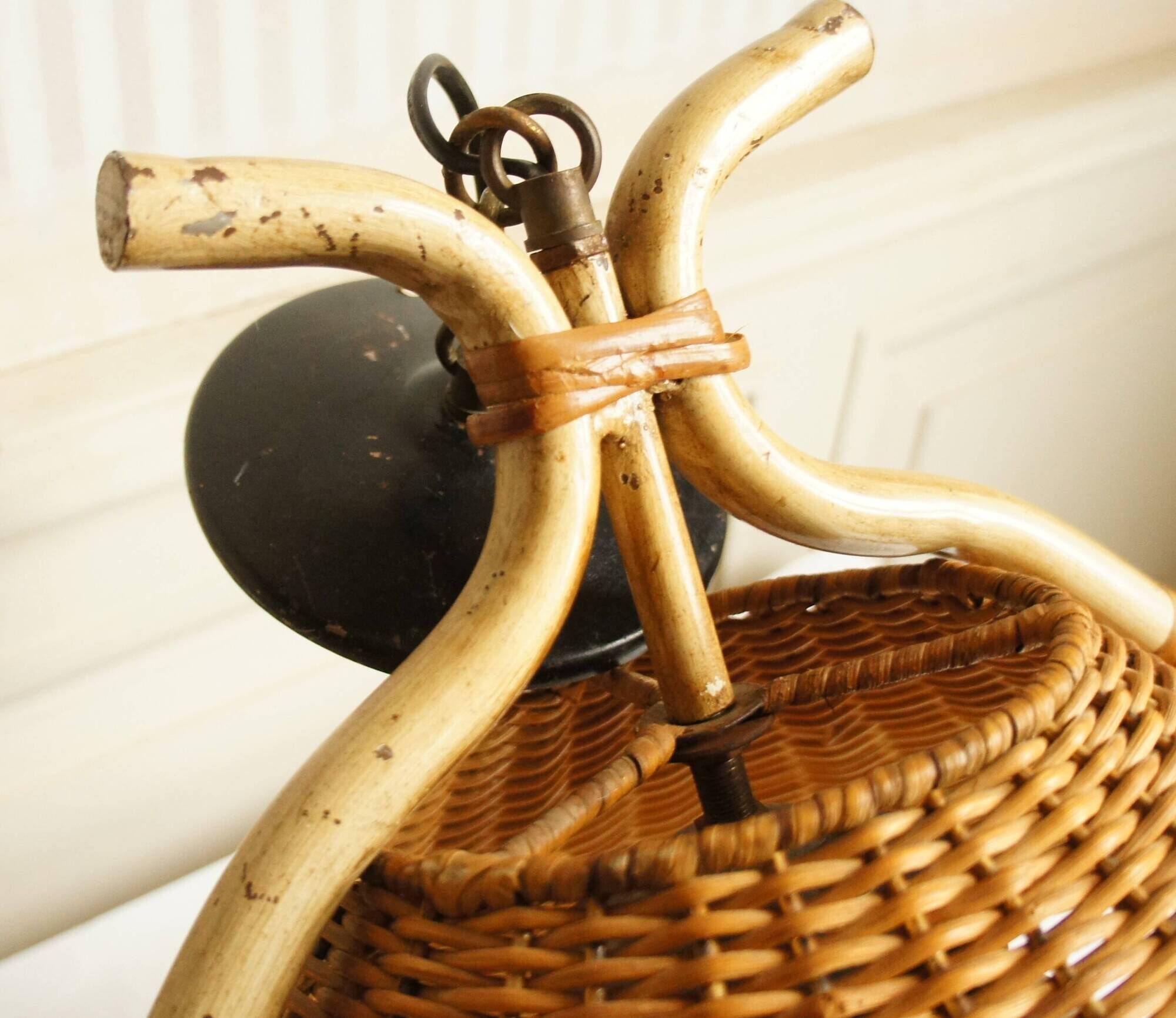 “French Riviera” rattan, metal & opaline pendant light, 1960