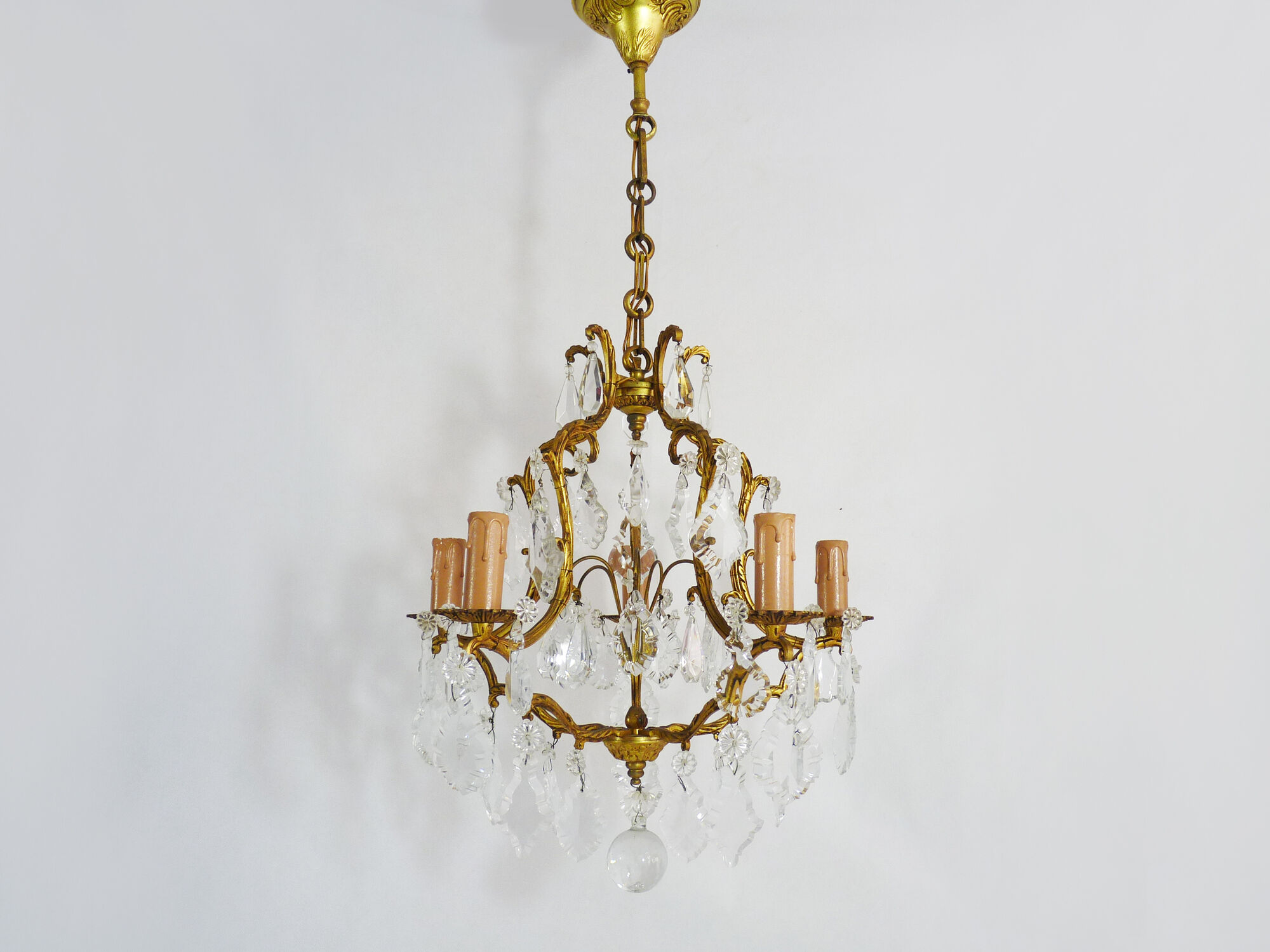 Bronze cage chandelier and glass stamps, at 5 lights. Year 50 60