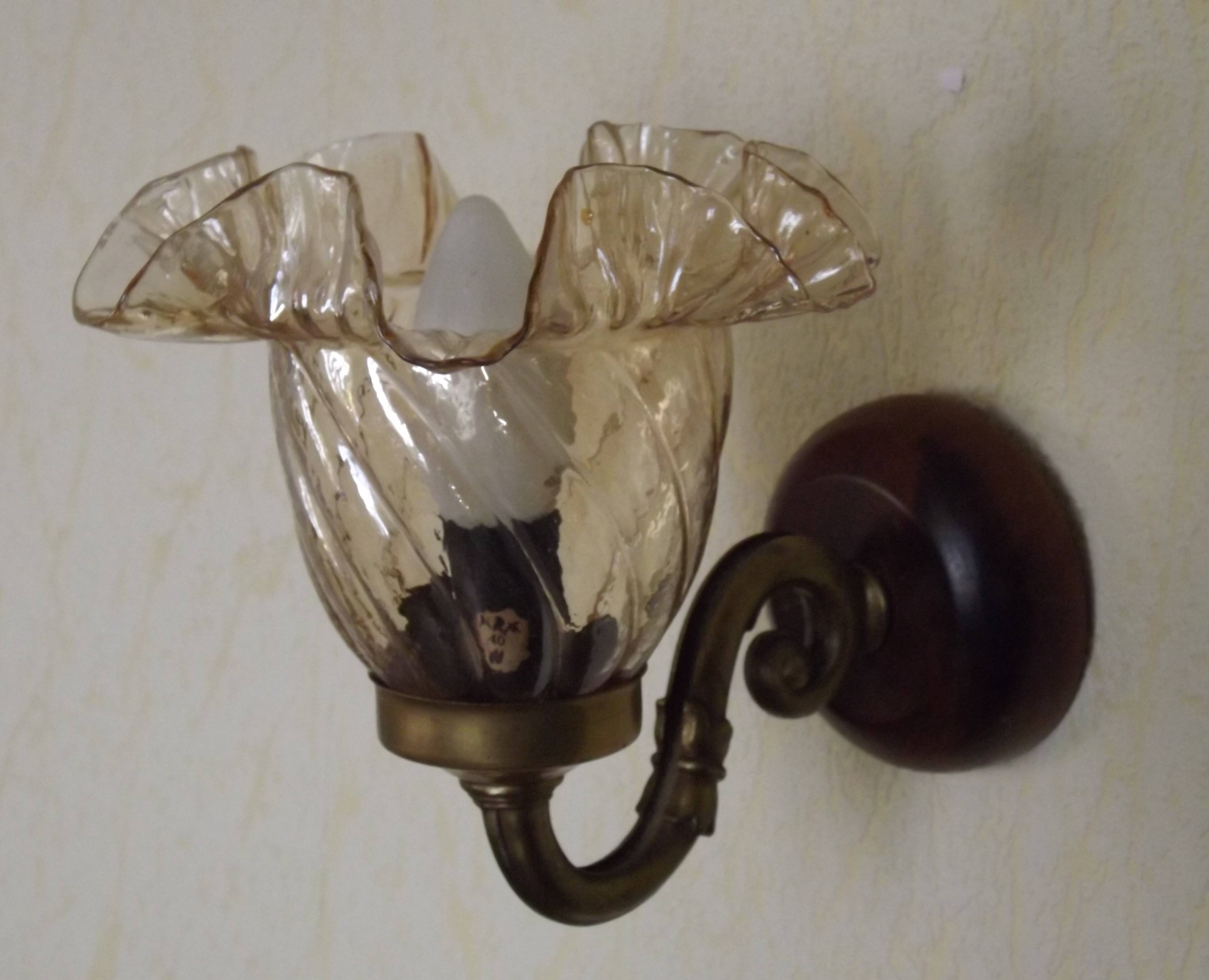 Vintage wooden and metal wall light with bronze effect, amber glass shade 5168