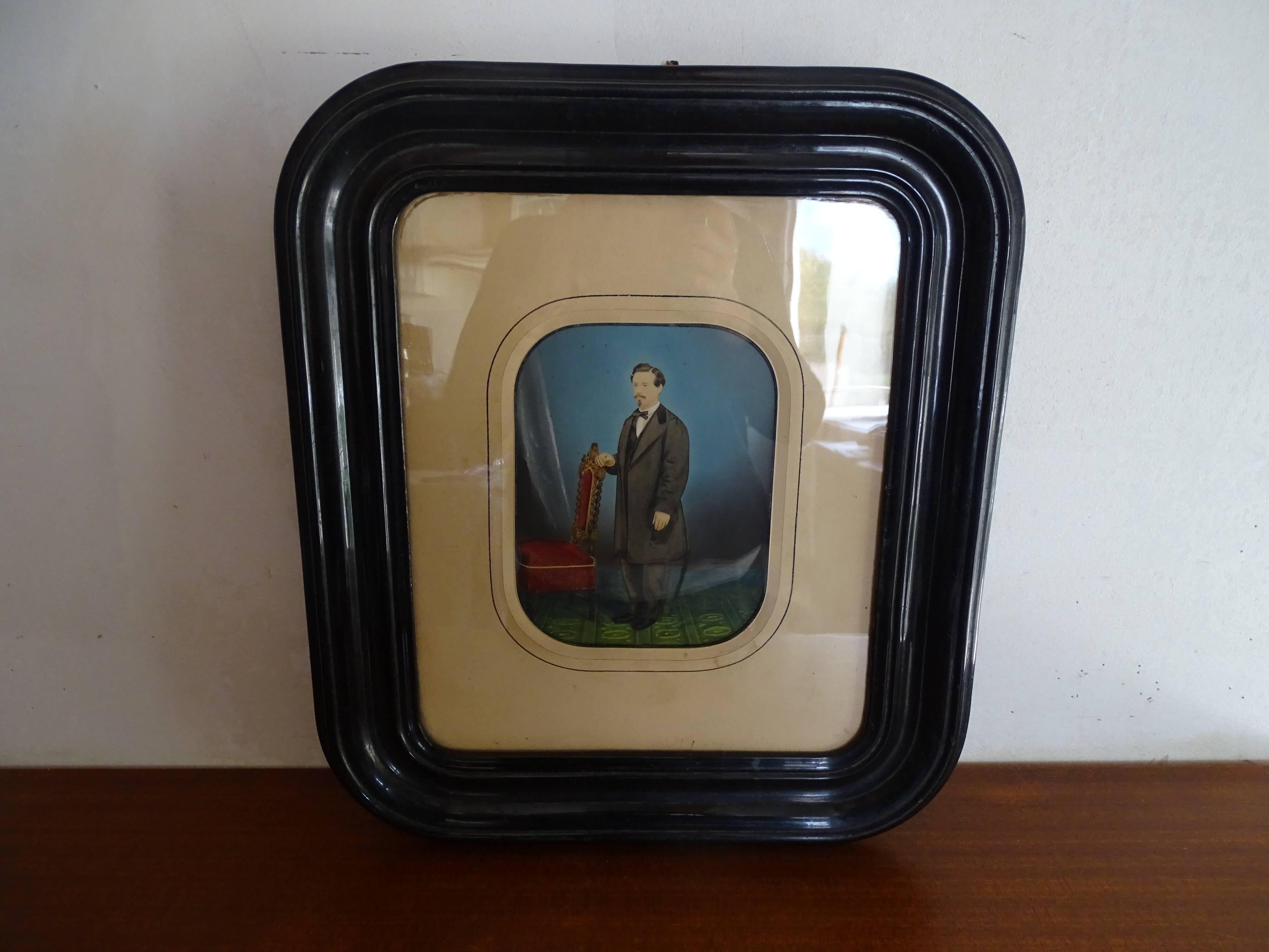 19th century pastel painting - Napoleon III blackened wood frame 40.5 x 35.5