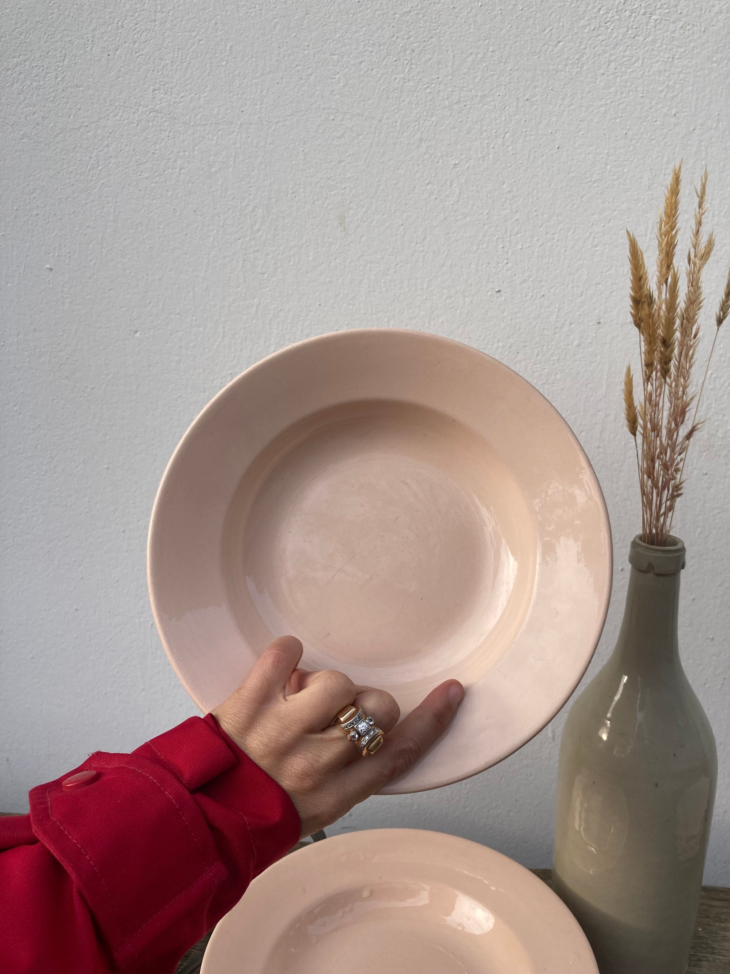 8 hollow plates Digoin Sarreguemines powder pink old