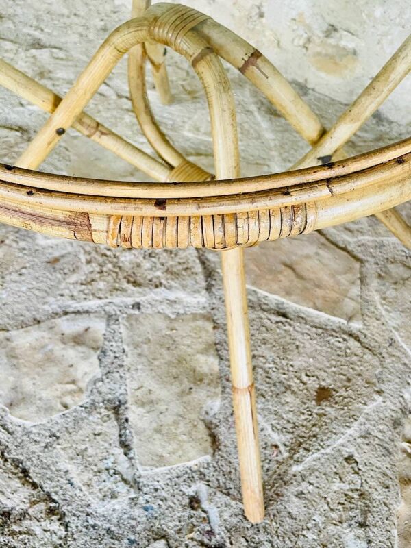 Table basse ronde en bambou et rotin, plateau verre circa 1960s