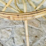 Round bamboo and rattan coffee table with glass top, circa 1960s