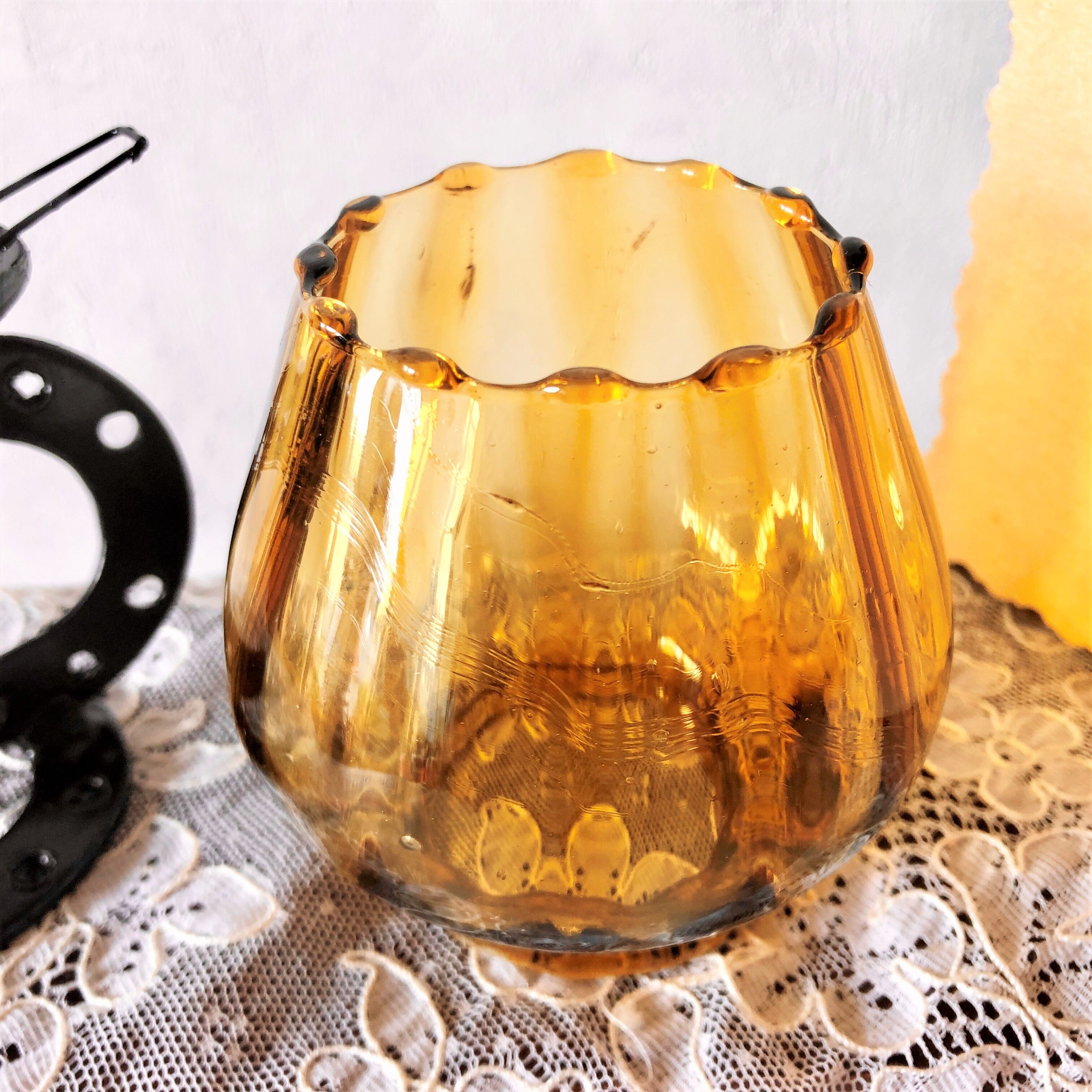Candle holder photophore iron and amber glass vintage