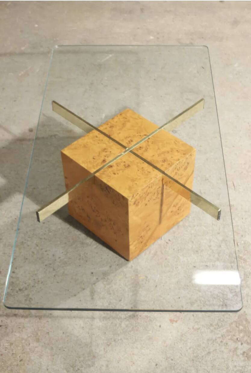 Coffee table in elm burl and tempered glass by Jean-Claude Mahey for Roche Bobois.