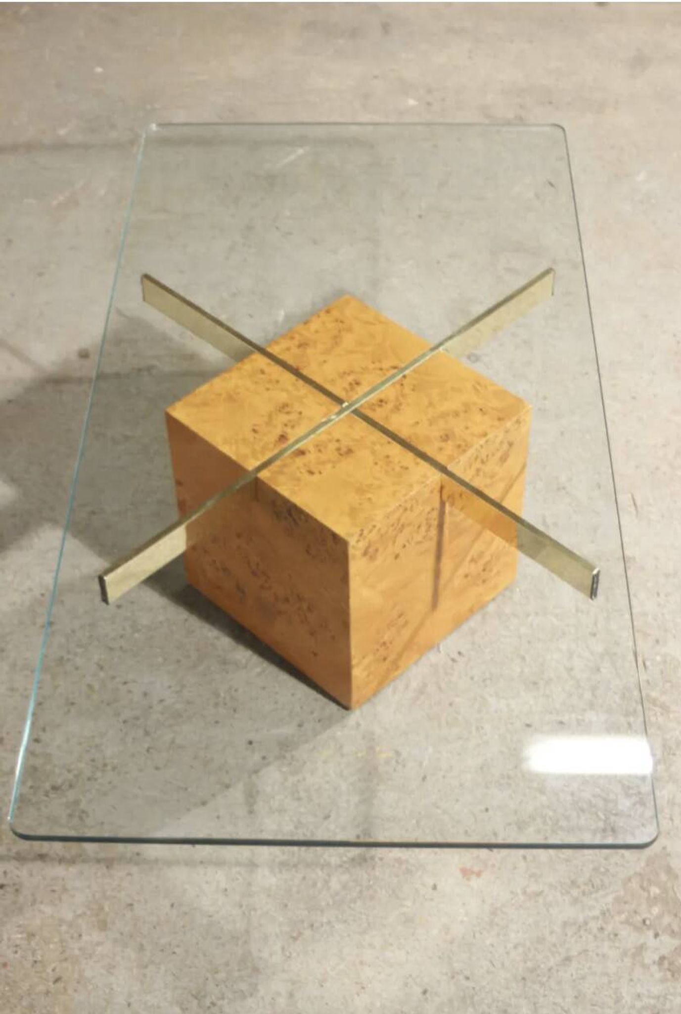 Coffee table in elm burl and tempered glass by Jean-Claude Mahey for Roche Bobois.