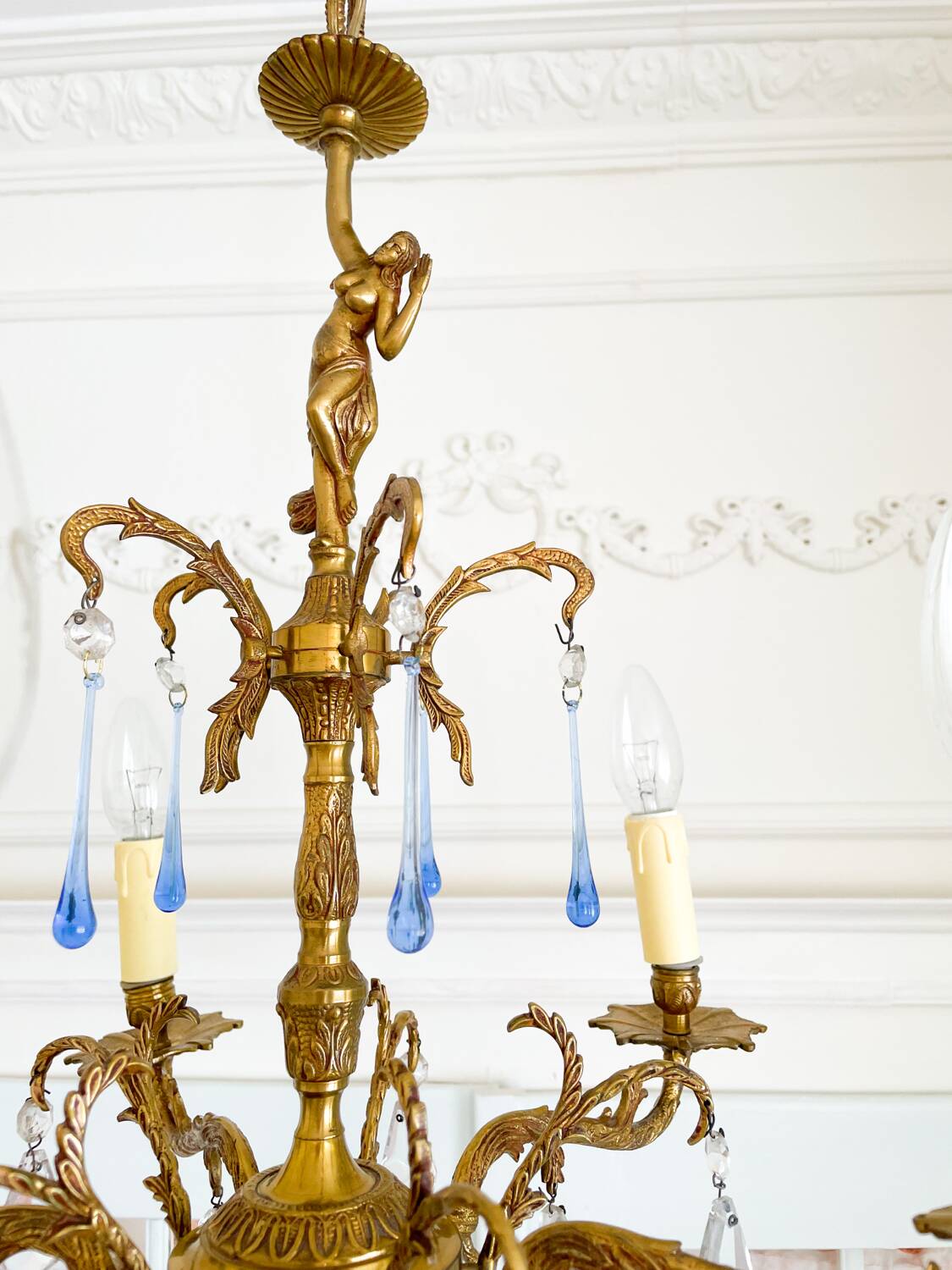 Élégant lustre vintage en bronze avec pampilles Murano bleu saphir – 5