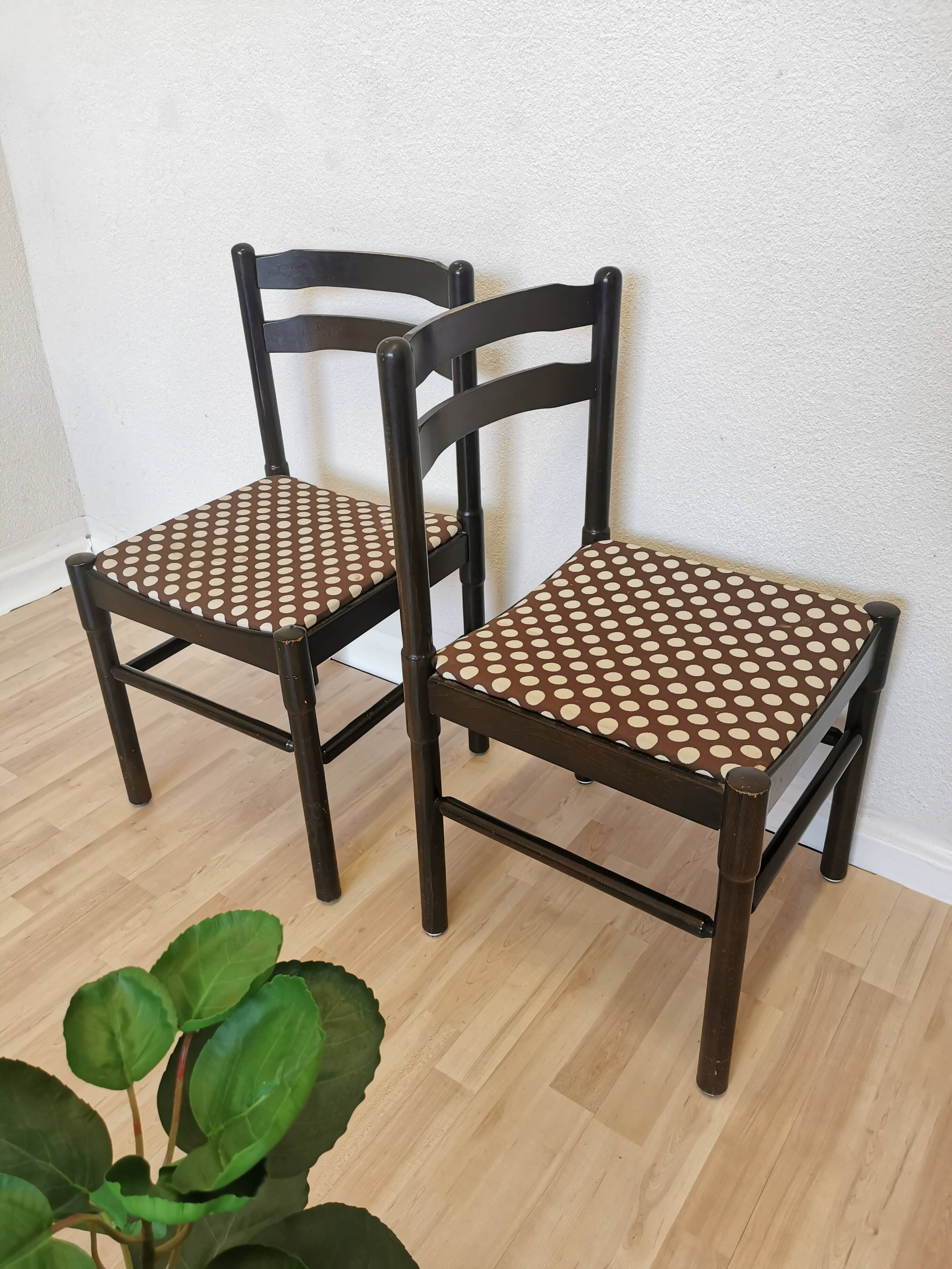 Set of 2 Vintage Wooden Dining Chairs: Brown & White Polka Dot Fabric 80s