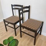 Set of 2 Vintage Wooden Dining Chairs: Brown & White Polka Dot Fabric 80s