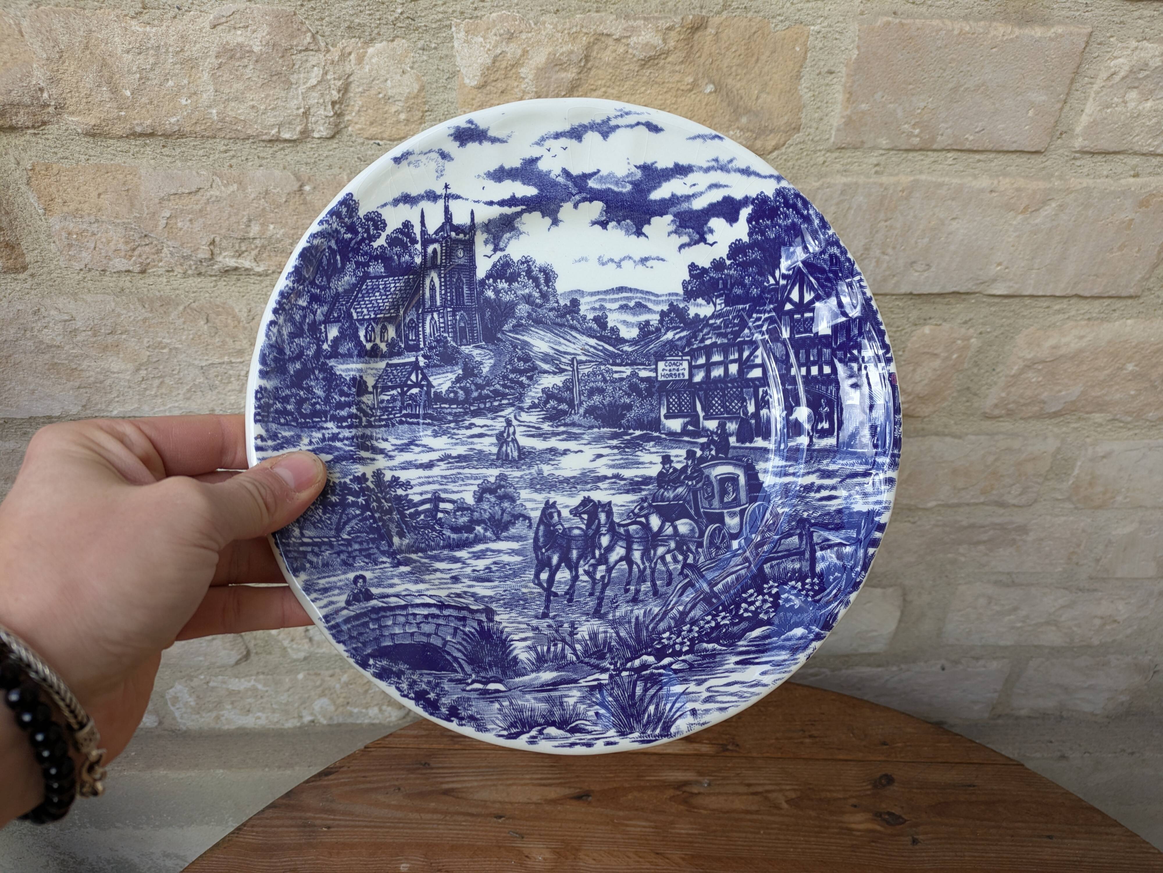 Old blue country scene plate