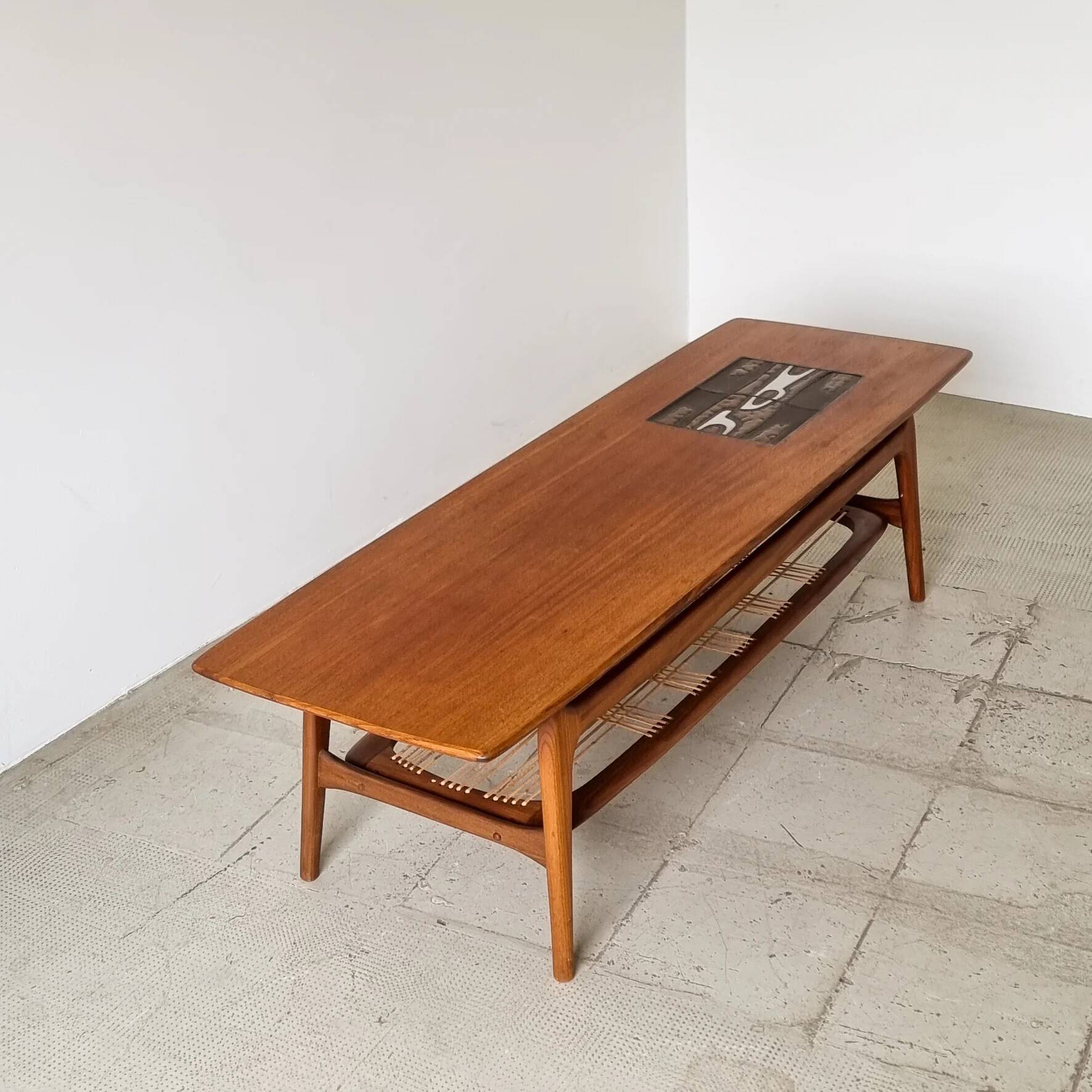 Teak coffee table by Louis Van Teeffelen with tile inlay.
