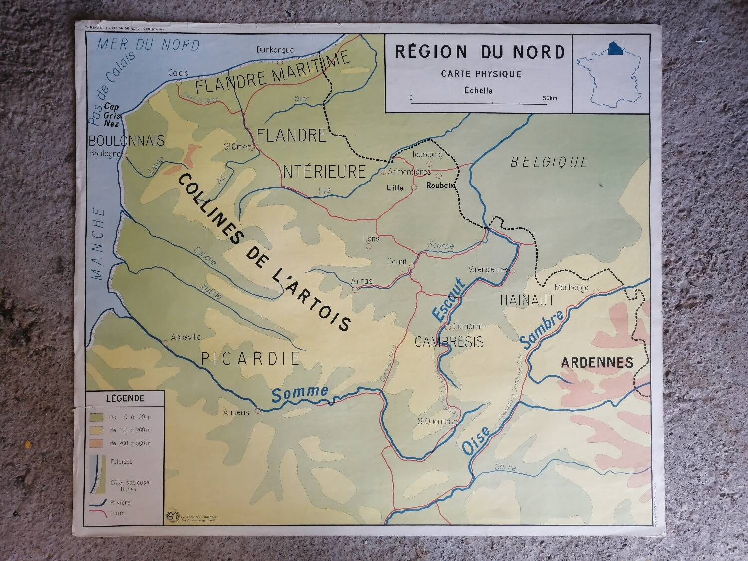 Vintage school map of France, Northern and Eastern Regions