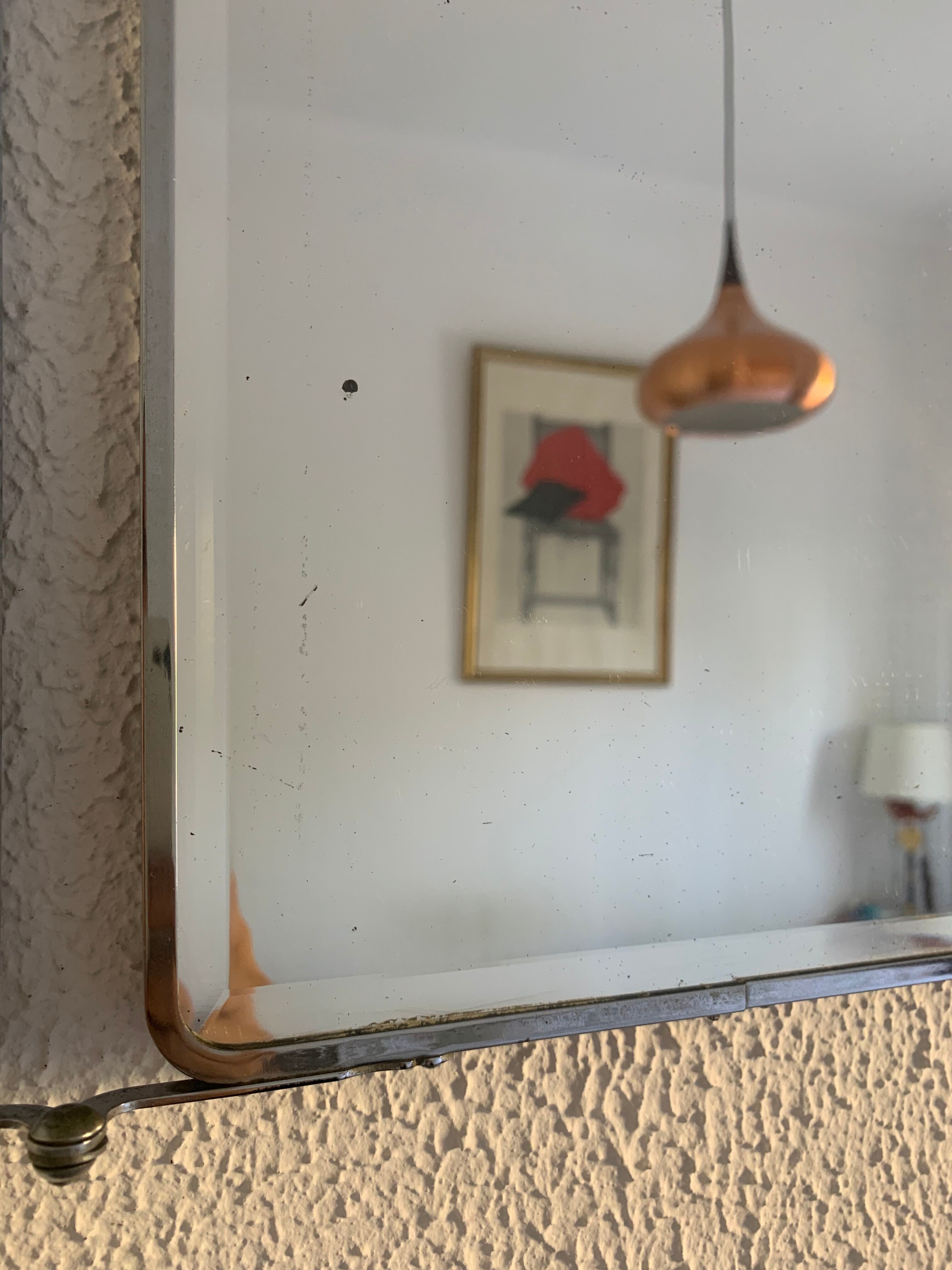 Vintage mirror 1930 triptych beveled barber iron gray - 28 x 69 cm