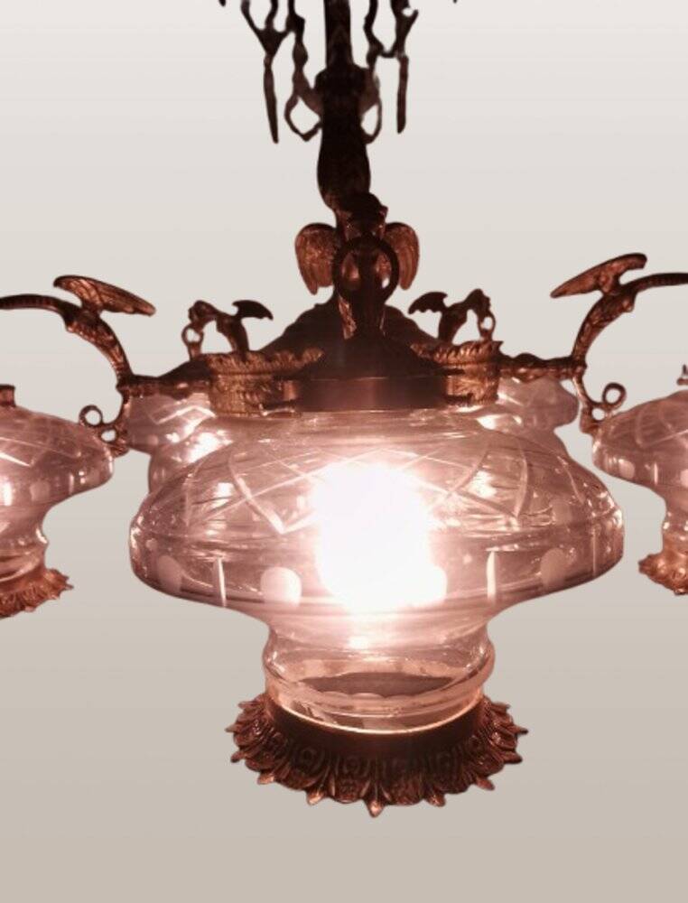 Large Gothic brass chandelier with 6 lights, 1940s.
