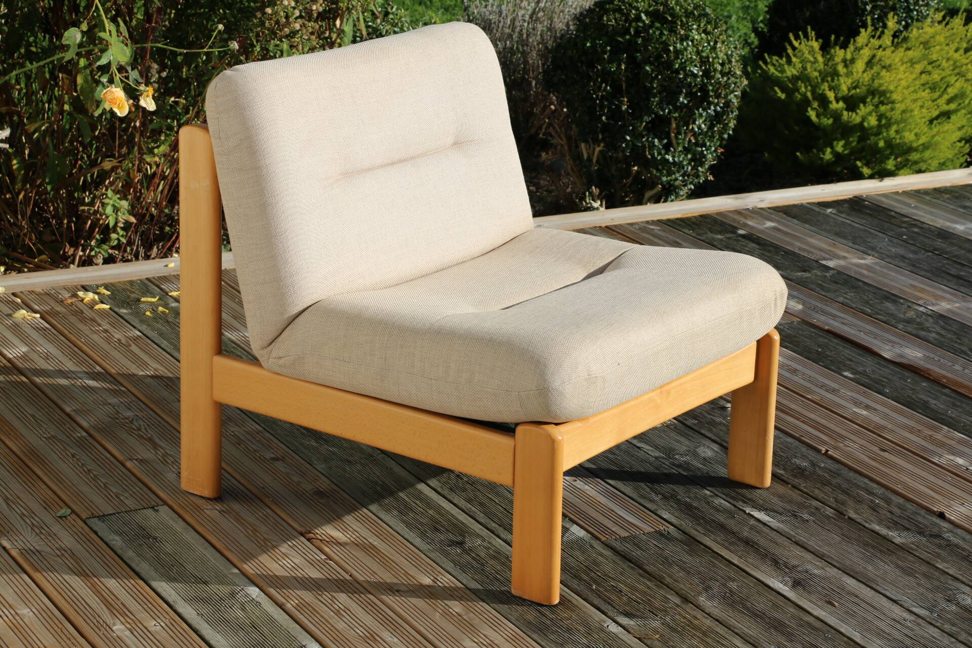 Pair of wood and fabric lounge chairs, 1980