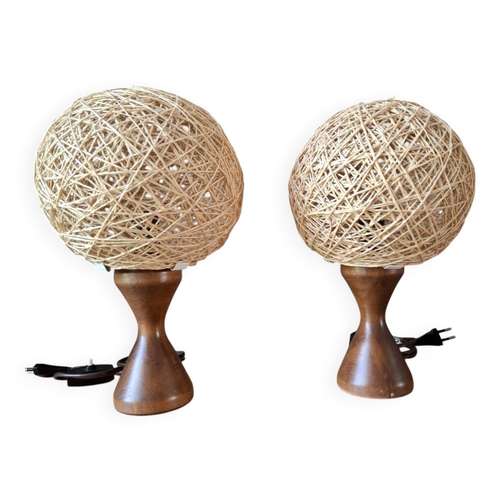 Pair of 70s/80s wood and wicker lamps