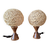 Pair of 70s/80s wood and wicker lamps