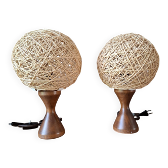 Pair of 70s/80s wood and wicker lamps