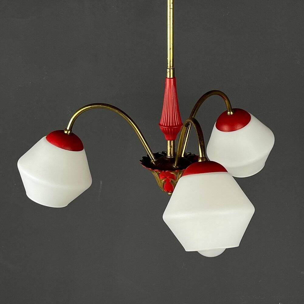 Italian vintage chandelier in brass and milky glass with 3 arms, 1950s.