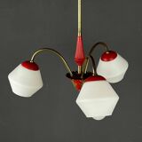 Italian vintage chandelier in brass and milky glass with 3 arms, 1950s.