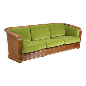 Rattan and velvet sofa by Maugrion for Roche Bobois, 1980