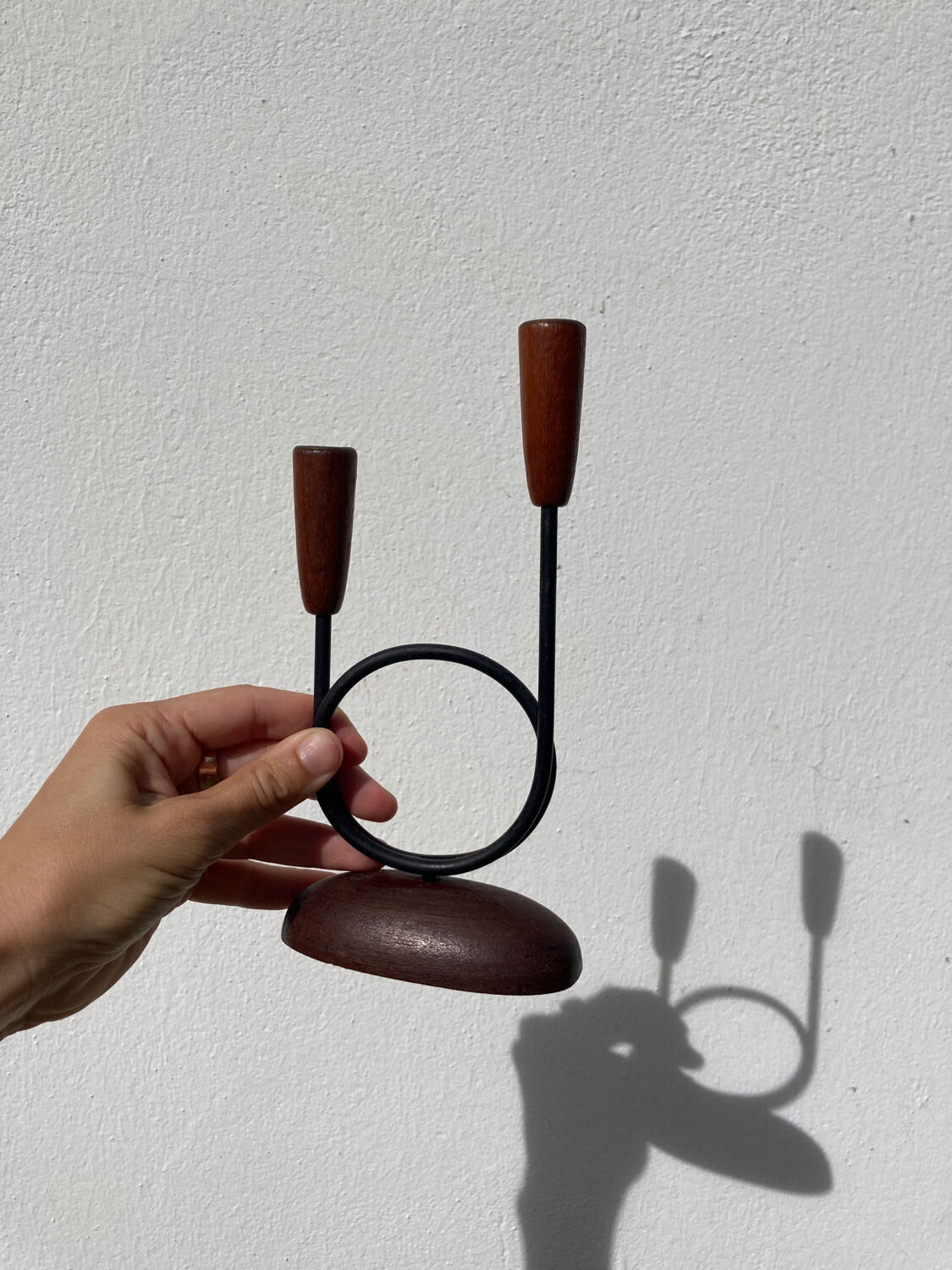 Pair of Scandinavian candlesticks in wood and metal Denmark