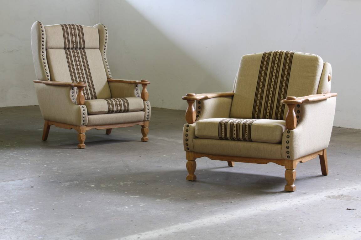 Vintage 1960s set of low & high back lounge chair oak, style of Henning Kjærnulf