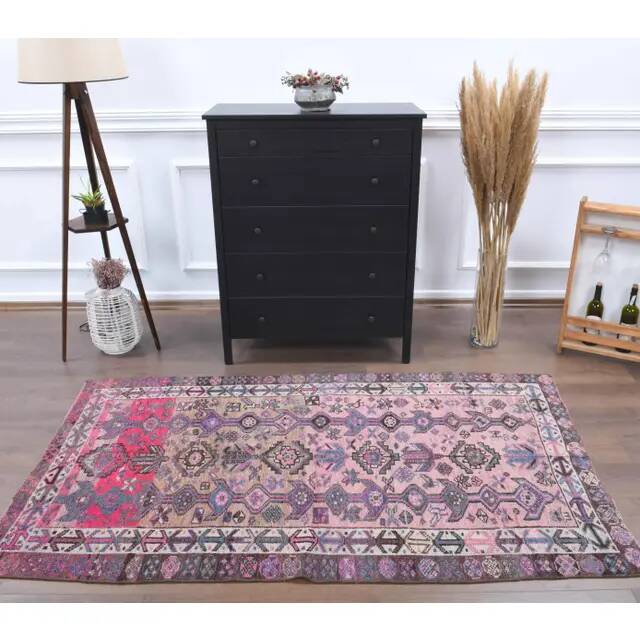 Vintage Turkish Oushak Handmade Cotton Pink Wool Area Rug 120x206