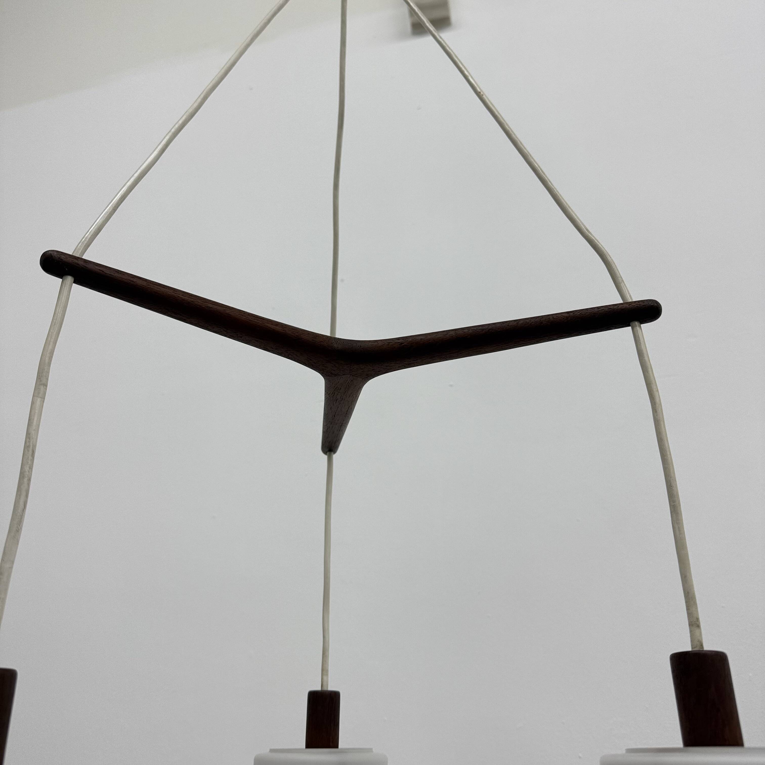 Mid-century design pendant lamp teak and opaline glass, 1970s