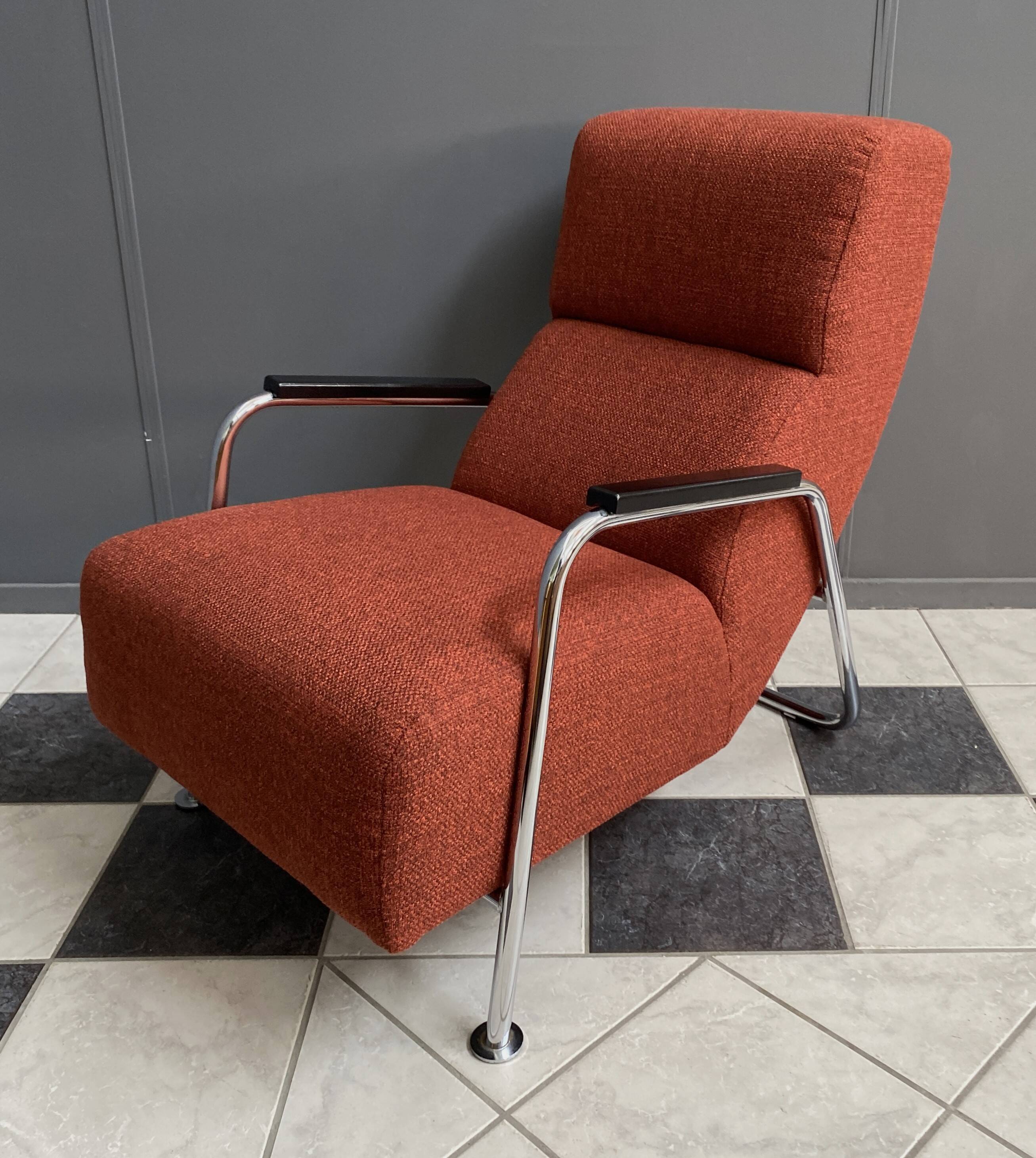 Red Brown fabric relax chair in Chrome frame 1970s
