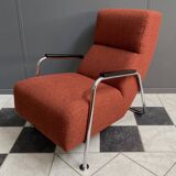 Red Brown fabric relax chair in Chrome frame 1970s
