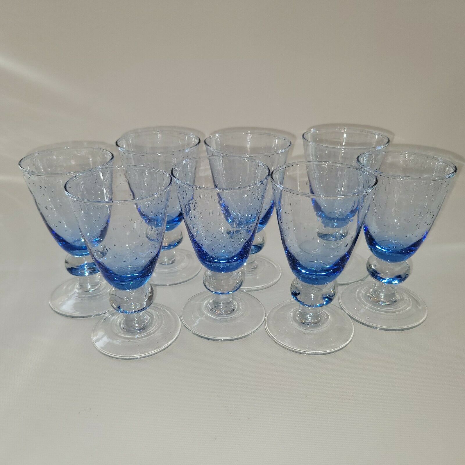 8 vintage blue bubble blown glass walking glasses