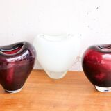 Set of three blown glass vases – deep purple and opaline white