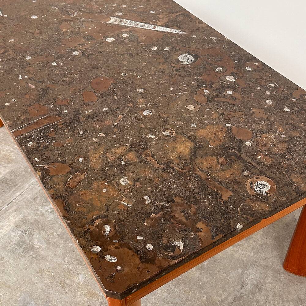 1970s modernist fossil marble coffee table with wooden base