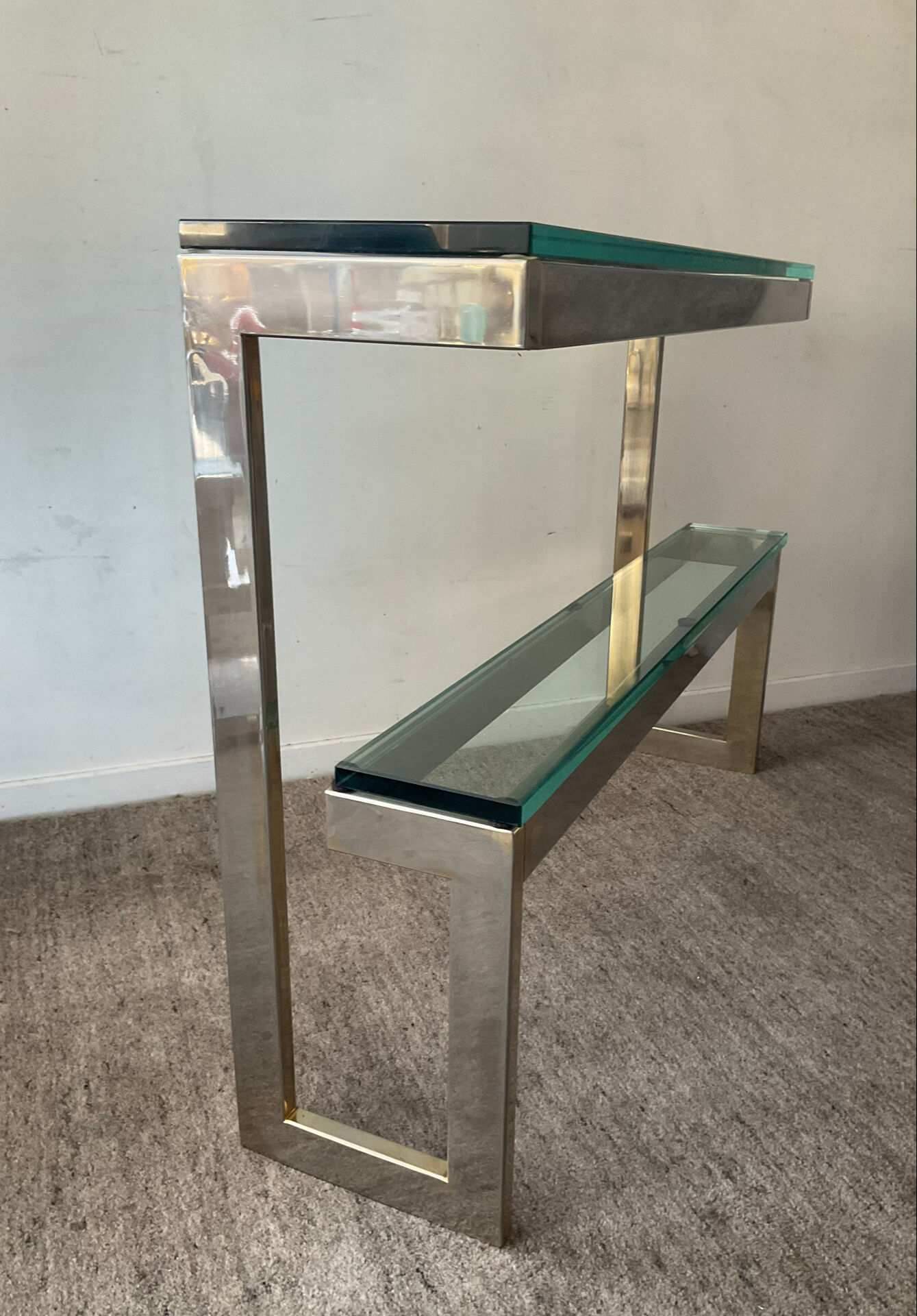 Console "G" by Belgochrom in brass and glass from the 1970s.