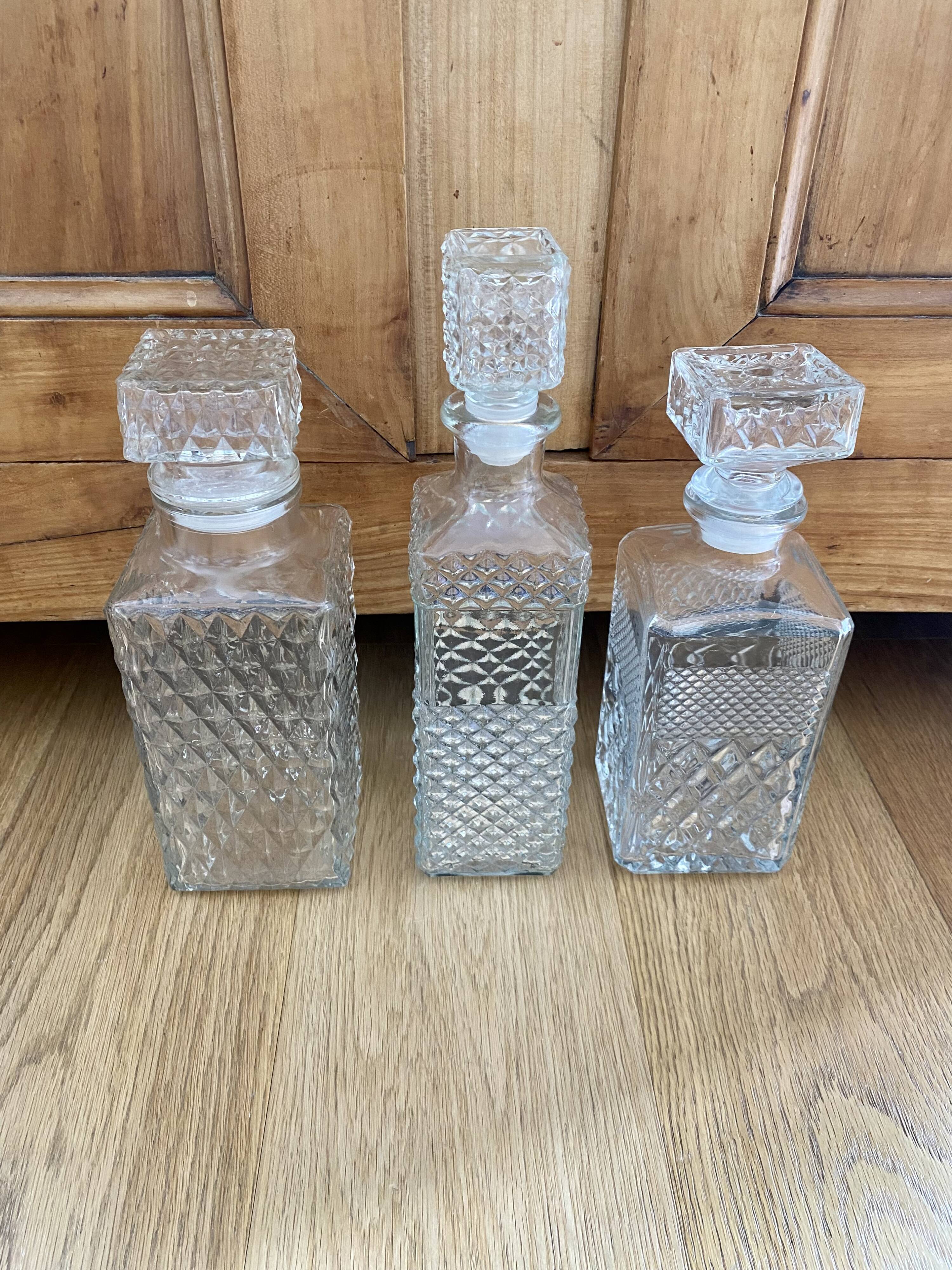Set of 3 bottle vintage molded glass whiskey decanter