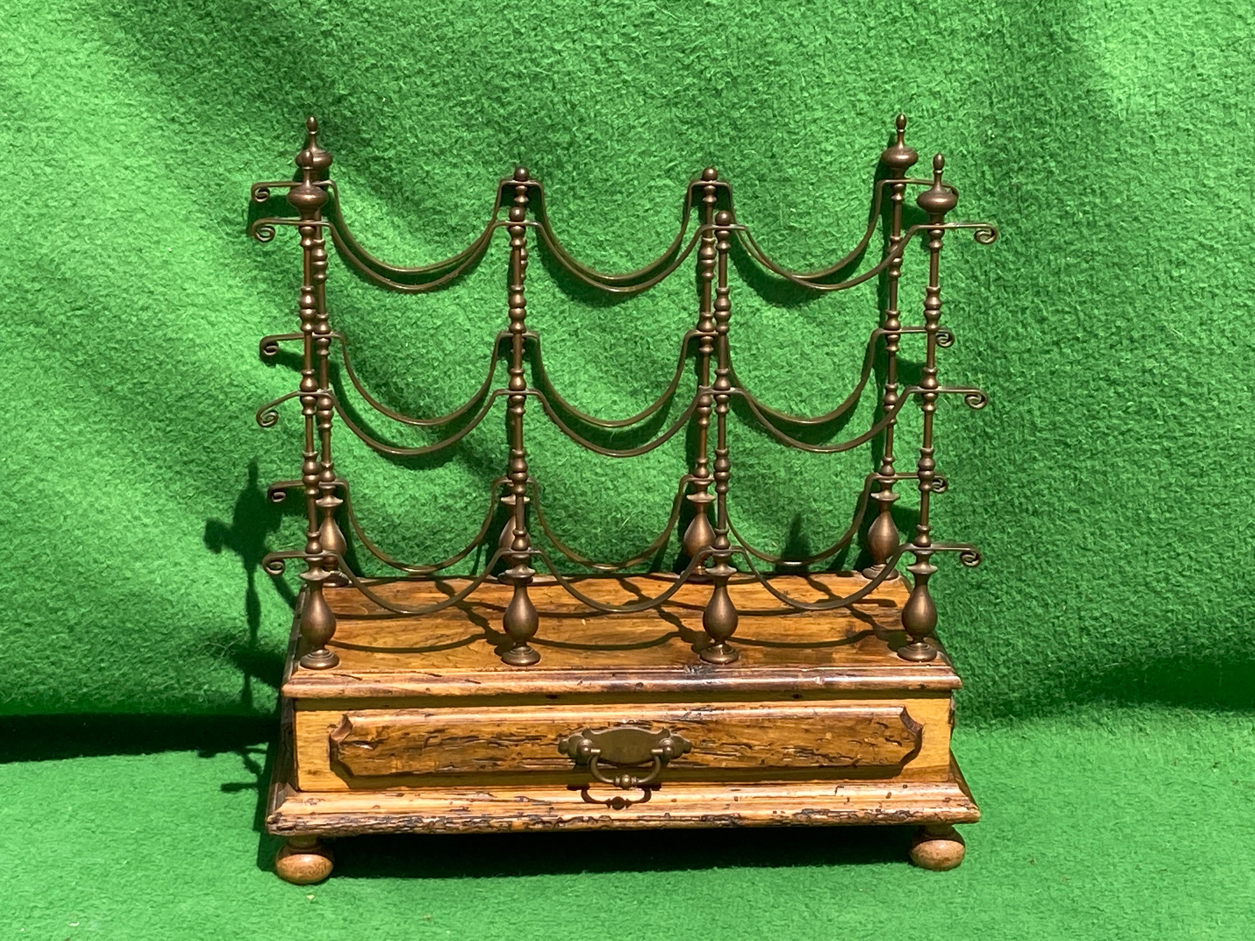 1950s Italian brass and wood wine rack with drawer