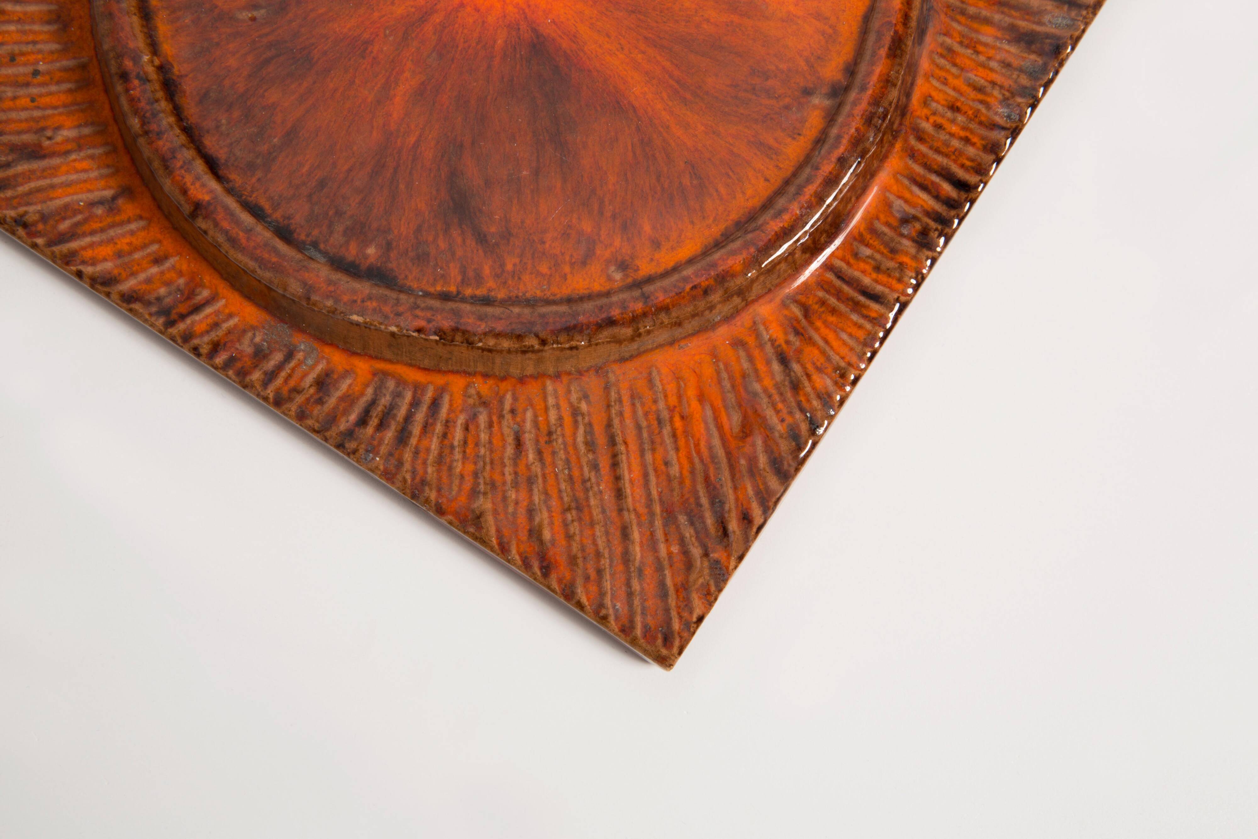 Vintage deep orange ceramic decorative plate, Italy, 1960s