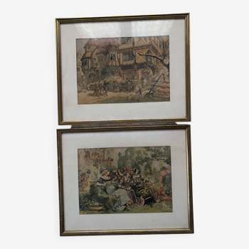 Lot 2 gravures xix d'albert robida, chromotypogravures extraites des oeuvres de rabelais 1886, cadre