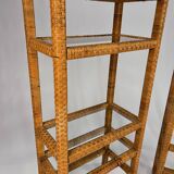 Set of 2 mid century tall wicker and glass etagere cabinet, 1970s