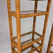 Set of 2 mid century tall wicker and glass etagere cabinet, 1970s