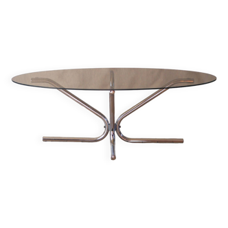 Oval coffee table in smoked glass, chrome star bases Design, 1970