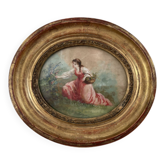 Miniature sur soie, aquarelle, bouquetière, cadre ovale, bois doré, jeune femme ramassant des fleurs