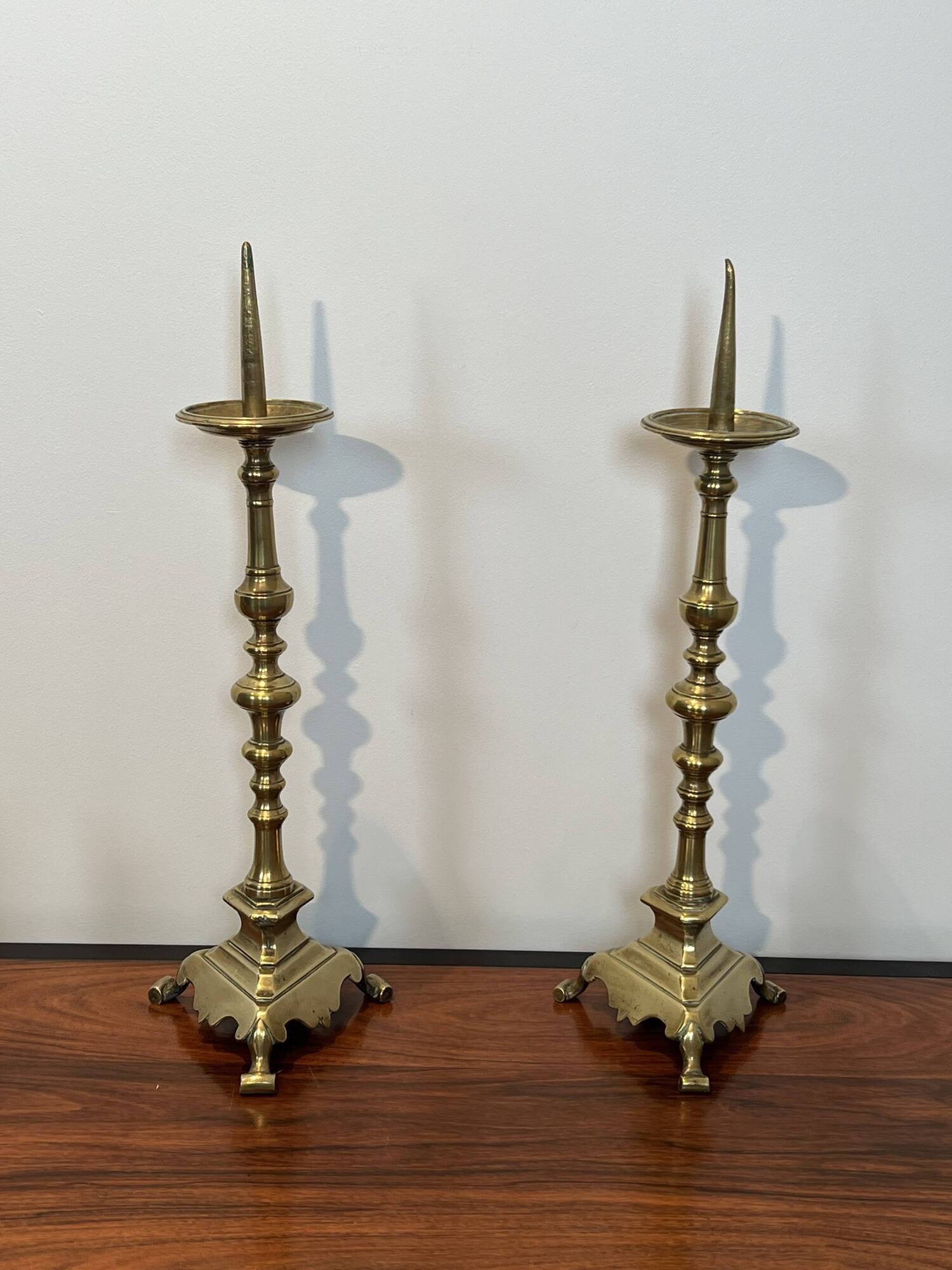 Pair of Large Brass Altar Candlesticks with Baluster Shaft and Tripod Base